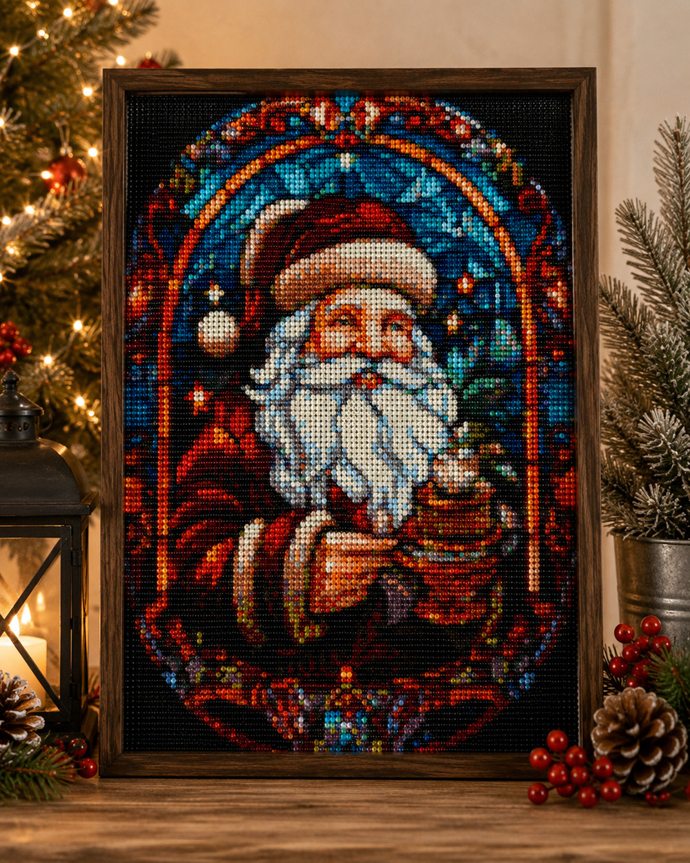 Completed Stained Glass Santa Diamond Painting Art Christmas Holiday Décor 12x16